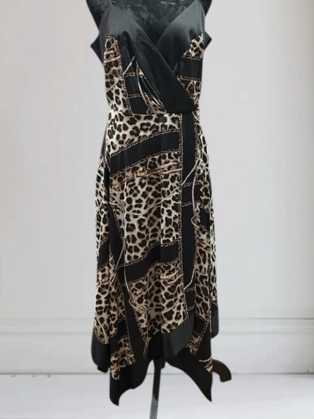 New York & Company Black Satin-Look Slip Dress with Leopard Accent *NWT*